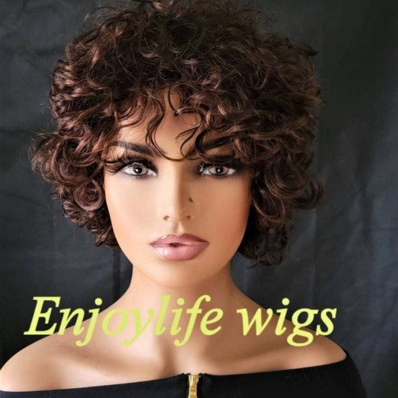 wowfactor 100% curly brown highlighted bang wig